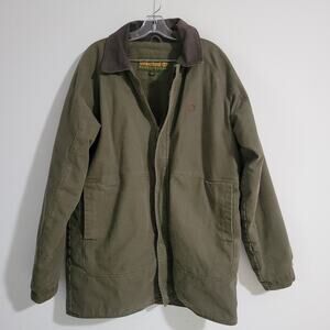 Vintage Timberland Utility Barn Jacket M Green Canvas Pockets Lined Distress